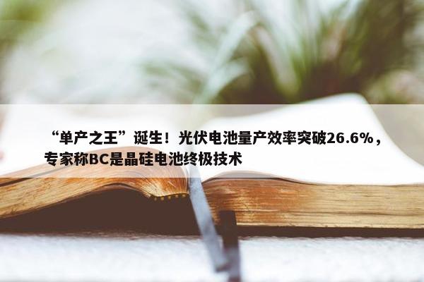 “单产之王”诞生！光伏电池量产效率突破26.6%，专家称BC是晶硅电池终极技术